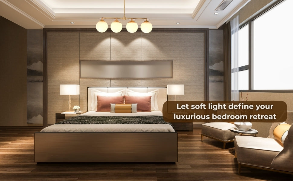 Luxurious bedroom interior featuring a handmade brass chandelier with frosted globes, creating warm ambient light and elegant modern design.