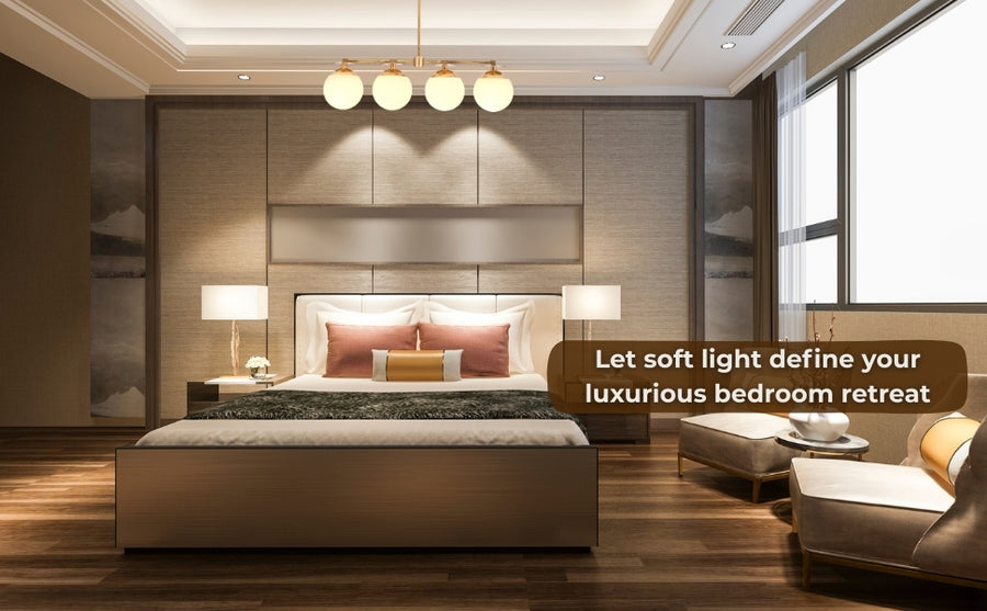 Handmade brass chandelier with four frosted globe shades in a linear arrangement, modern ceiling light for dining rooms and living spaces.