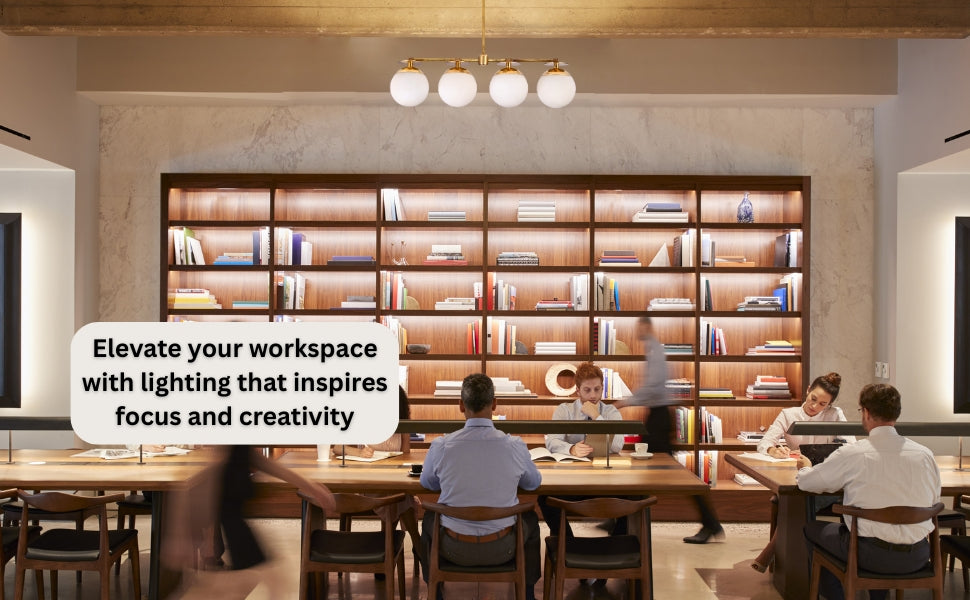 Modern workspace featuring handmade brass chandelier with four frosted globe shades, adding stylish lighting for focus and creativity.