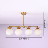 Handmade brass chandelier with four frosted globe shades, showing 26-inch width and 18-inch height, customizable modern ceiling light fixture.