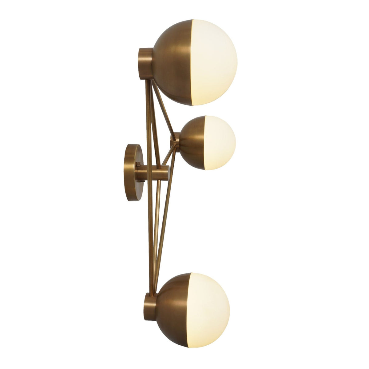 Side view of modern brass globe light with three frosted glass shades connected by angular rods, showcasing minimalist sculptural wall design.