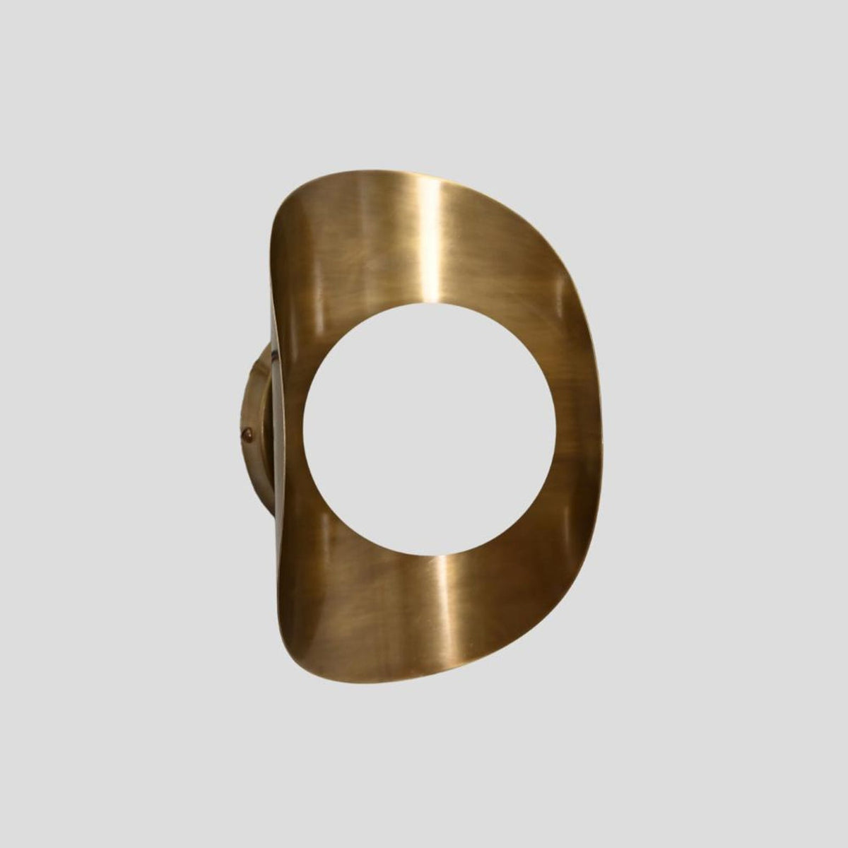 rass wall sconce frame without the globe shade, showcasing curved brushed brass enclosure and circular mount