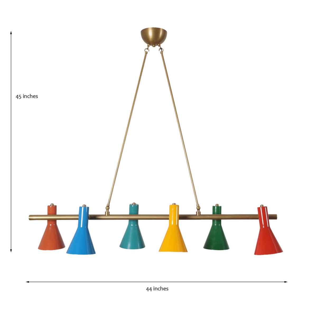 Mid-century modern brass chandelier with six colorful cone shades showing 44-inch width and 45-inch height dimensions.