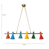 Mid-century modern brass chandelier with six colorful cone shades showing 44-inch width and 45-inch height dimensions.