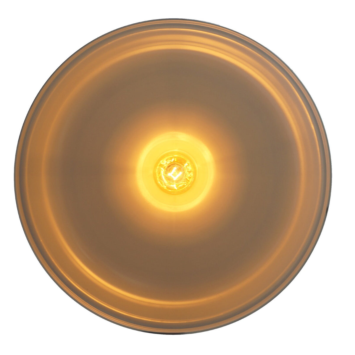 Underside view of modern black pendant light showing glowing bulb and golden interior for warm, inviting illumination.