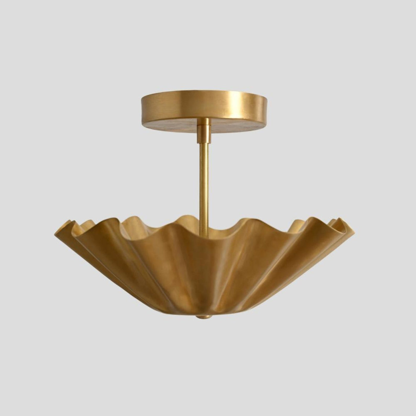 Handmade brass ruffle semi-flush ceiling light with sculpted wave design and brushed finish