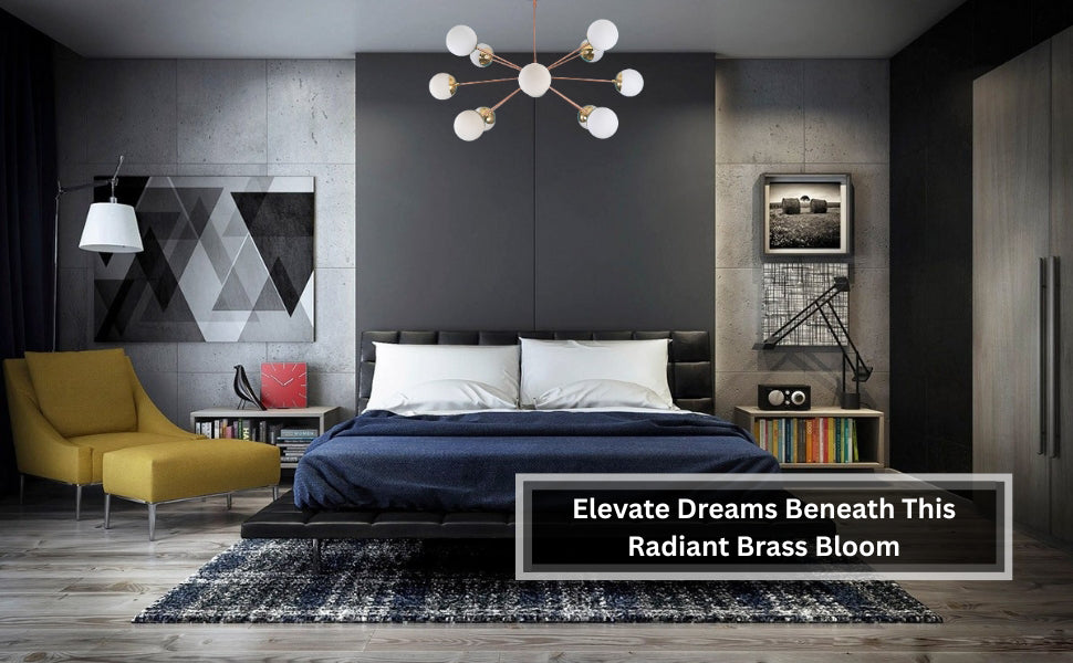 Stylish bedroom with a brass Sputnik chandelier above a modern bed, featuring grey and blue decor with geometric wall art.
