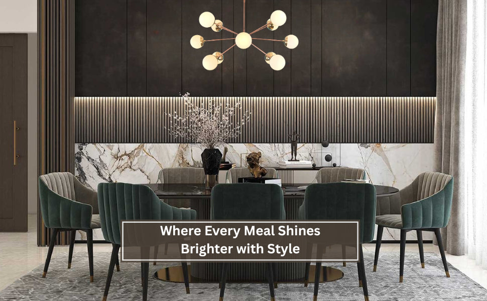 Elegant dining room with a brass Sputnik chandelier, marble accents, velvet chairs, and a modern wall design.