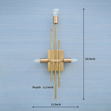 Brass wall sconce with vertical rods and triple bulb holders, dimensions 15 inches wide and 30 inches tall displayed on image.