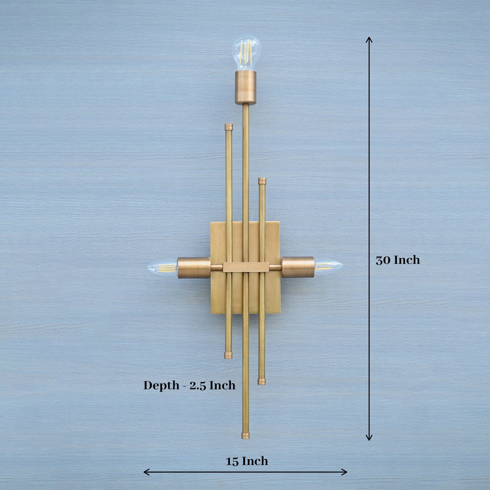 Size guide for Mid-Century Modern Brass Wall Sconce – 3 Light Vertical Rod Wall Lamp with Brushed Brass Finish – Handmade Industrial Wall Lighting Fixture 62504