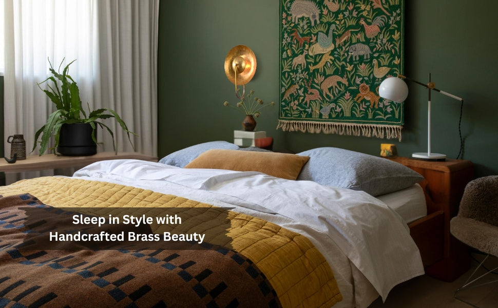 Stylish bedroom with handmade brass wall sconce above bed, luxury ambient wall lighting decor
