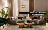Modern living room with handmade brass wall sconce, luxury accent lighting above sofa and marble wall décor