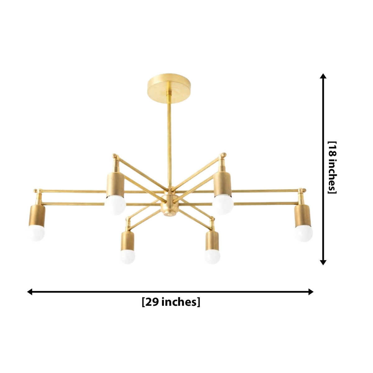 Brighton 6 light brass chandelier dimension view showing 29 inch width and 18 inch overall height.