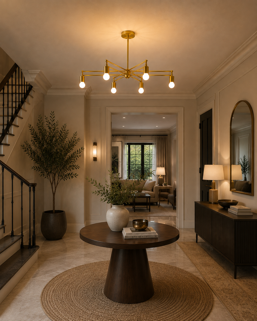 Brighton 6 light brass geometric chandelier displayed in an elegant entryway with a round wood table and warm ambient lighting.