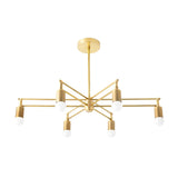 Brighton 6 light brass chandelier shown from the front with geometric intersecting arms and exposed globe bulbs.