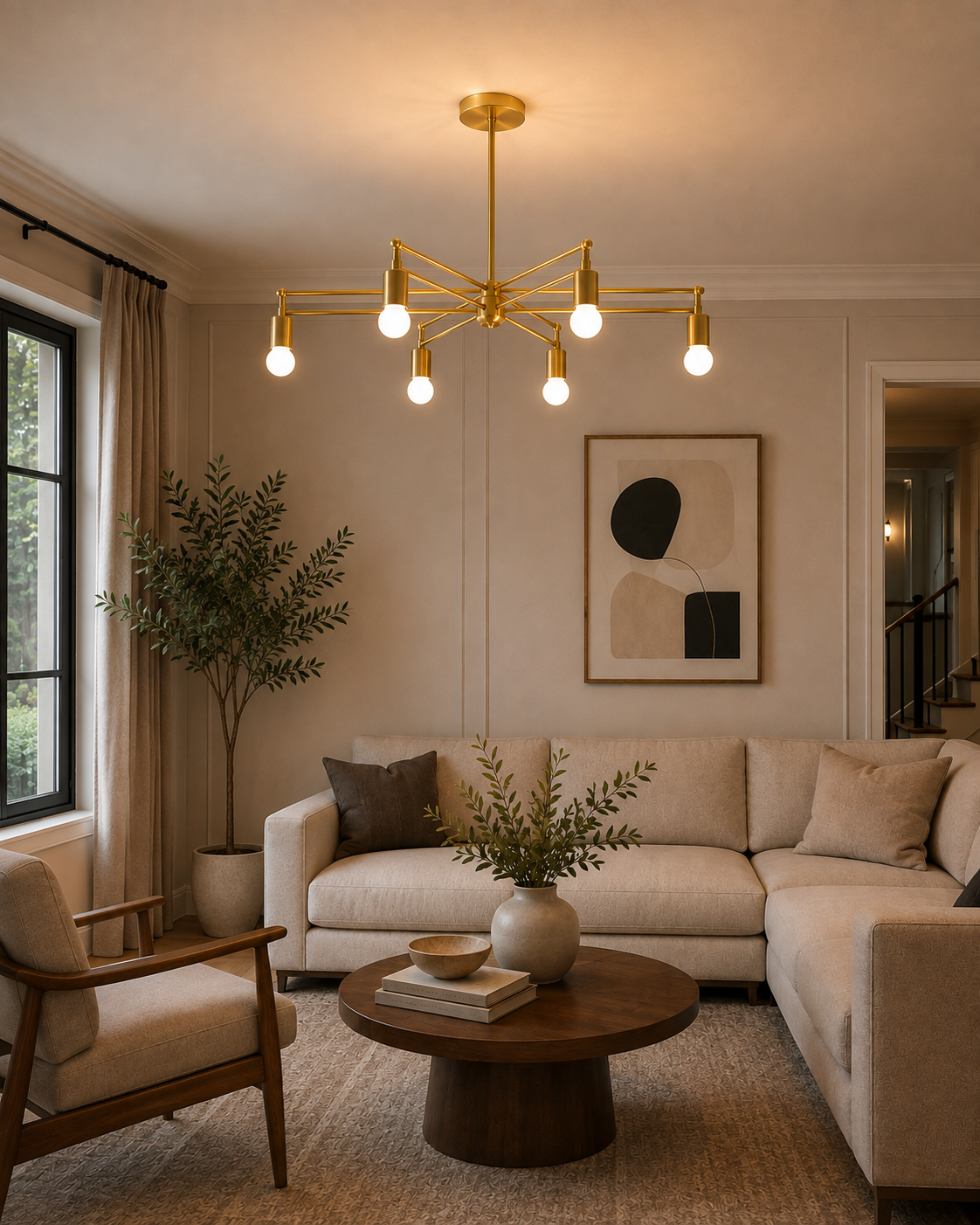 Brighton 6 light brass geometric chandelier displayed above a contemporary living room seating area with warm ambient lighting.