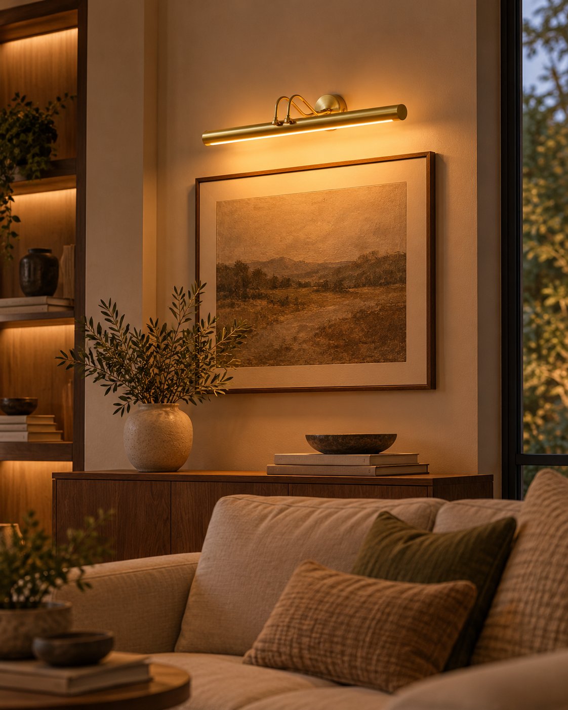 Brisbane 30 inch brass linear picture light mounted above framed landscape artwork in a cozy modern living room with warm ambient lighting.