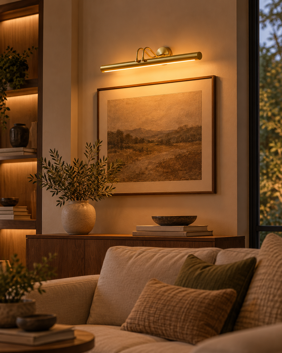 Brisbane 30 inch brass linear picture light mounted above framed landscape artwork in a cozy modern living room with warm ambient lighting.