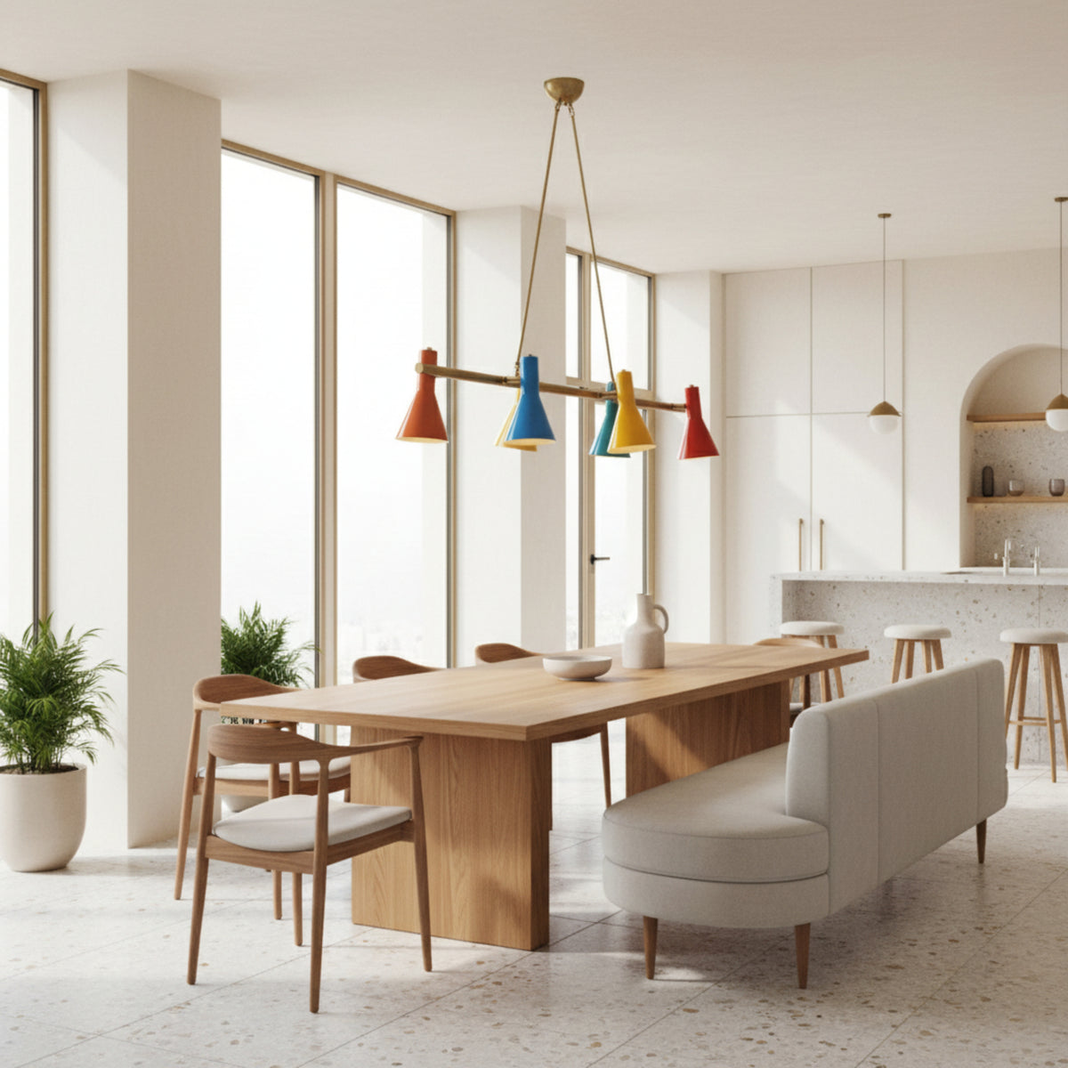 Brisbane 6 light linear chandelier shown from an angled view with orange, blue, turquoise, yellow, green, and red cone shades.