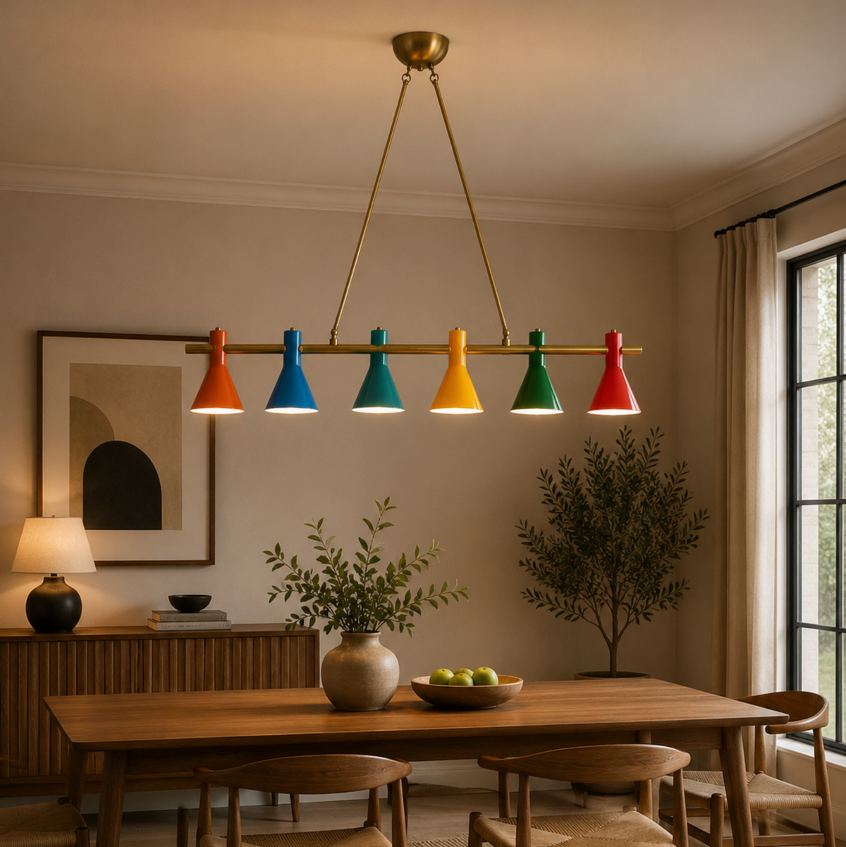 Brisbane 6 light multicolor cone chandelier illuminated above a wooden dining table in a warm contemporary dining room.