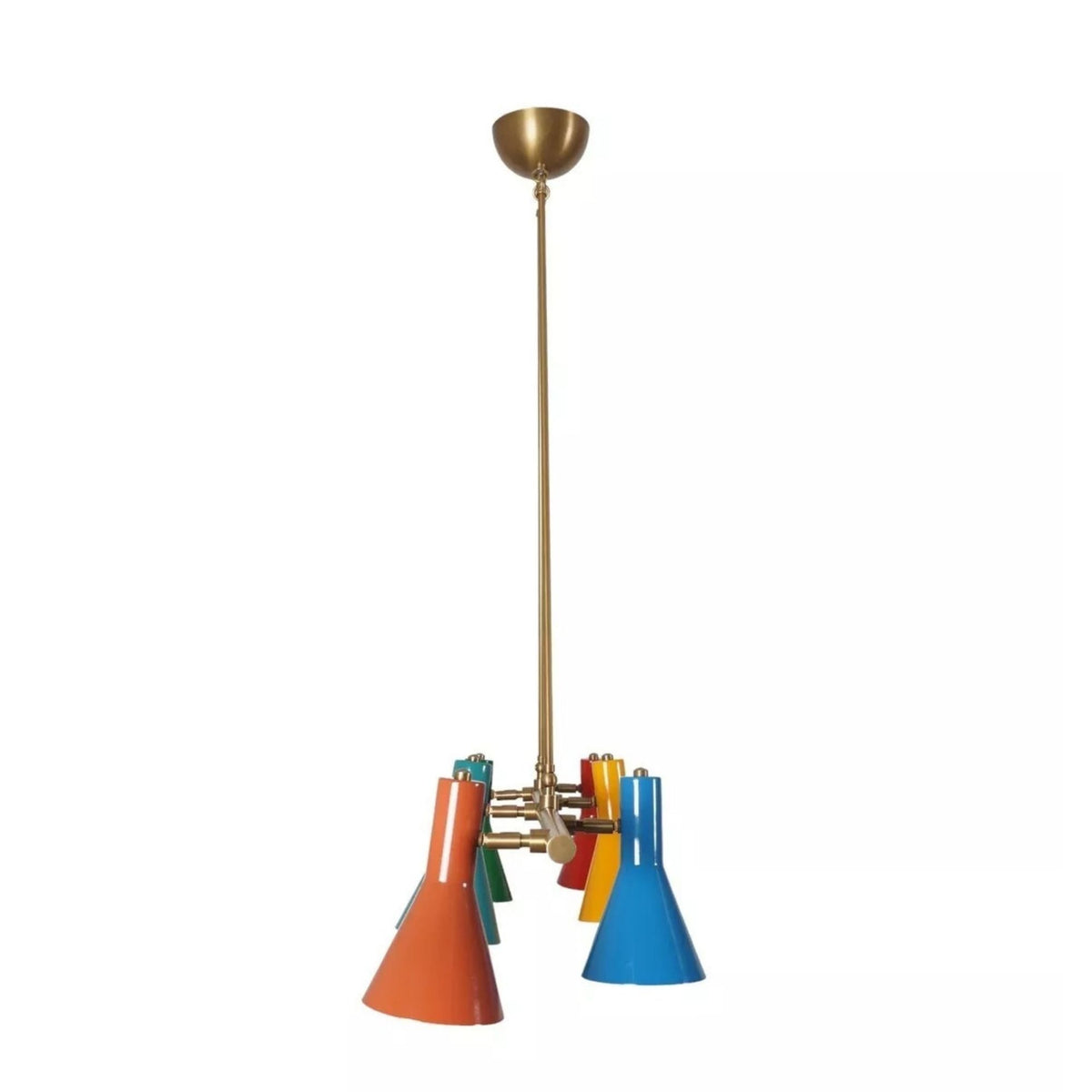 Brisbane 6 light multicolor chandelier shown from the end view highlighting its tapered cone shades and streamlined brass-tone construction.