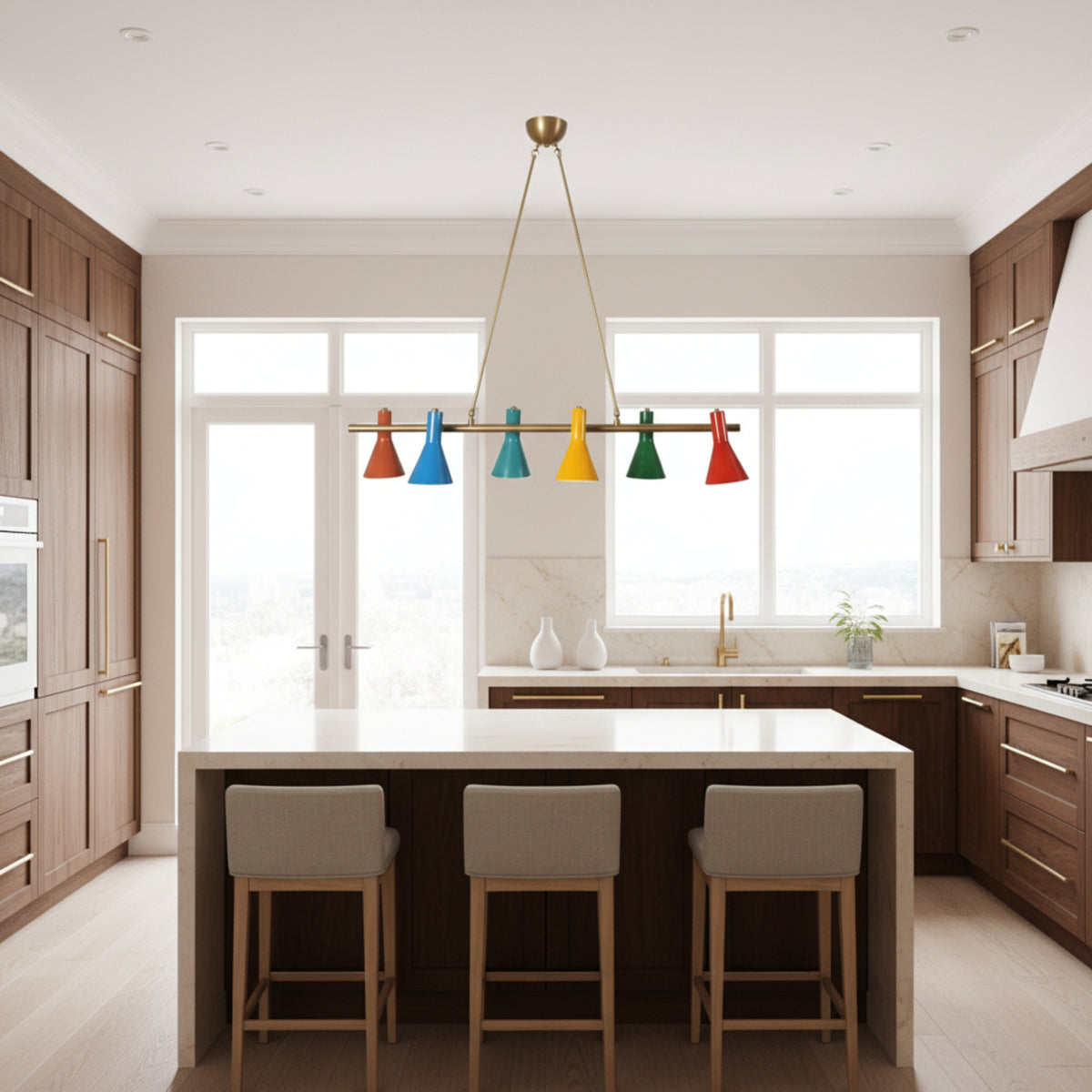 Brisbane 6 light multicolor linear chandelier shown from the front with colorful tapered cone shades and a brass-tone frame.