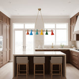 Brisbane 6 light multicolor linear chandelier shown from the front with colorful tapered cone shades and a brass-tone frame.