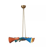 Brisbane 6 light Mid-Century Modern chandelier shown from the side highlighting its colorful cone shades and dual suspension design.