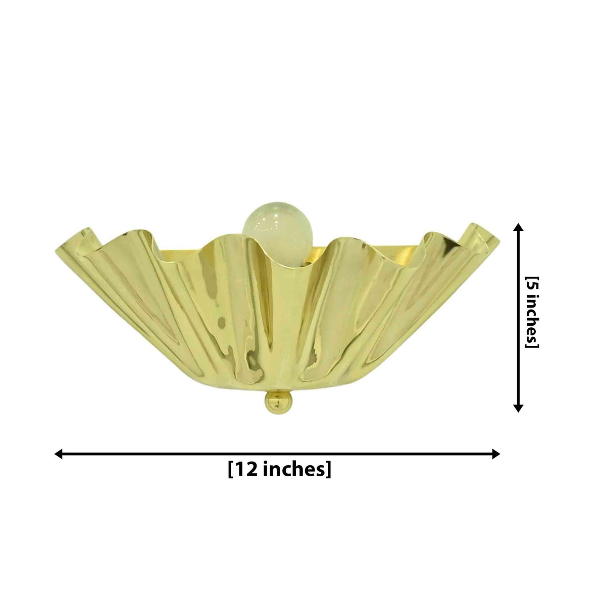 Brooklyn polished brass sculptural ruffled wall sconce with 1 light, showing 12-inch width and 5-inch height on a white background.