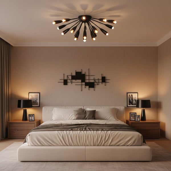 Brooklyn 18 light Sputnik chandelier shown from an alternate side view highlighting its black radial arms and illuminated cone holders.