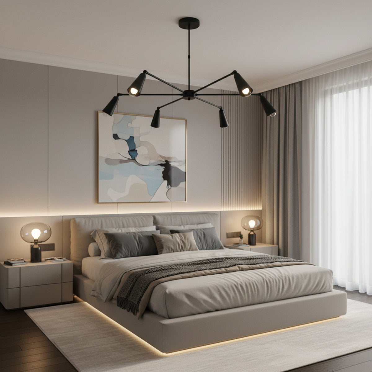 Bruges 6 light matte black multi-arm chandelier shown from an angled view highlighting its geometric arms and cone shades.