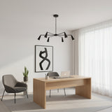 Bruges 6 light matte black multi-arm chandelier shown from an angled view highlighting its geometric arms and cone shades.