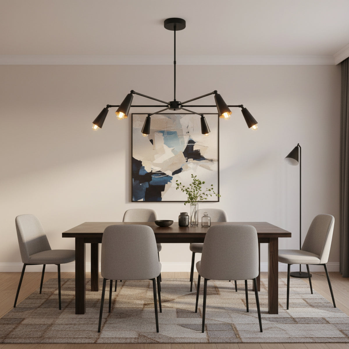 Bruges 6 light matte black chandelier shown from the front with six radial arms and tapered metal cone shades.
