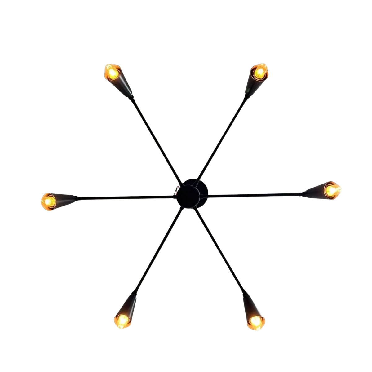Bruges 6 light matte black multi-arm chandelier shown from above with illuminated bulbs and tapered cone shades.