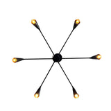 Bruges 6 light matte black multi-arm chandelier shown from above with illuminated bulbs and tapered cone shades.