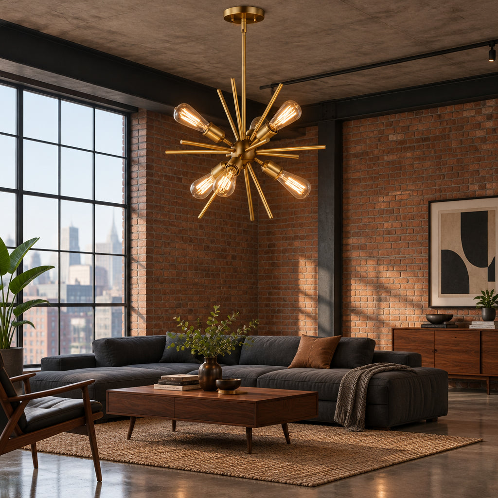 Angled view of the Bruges 6 light Sputnik chandelier showcasing its sculptural brass-tone starburst silhouette.
