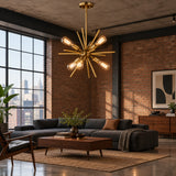 Angled view of the Bruges 6 light Sputnik chandelier showcasing its sculptural brass-tone starburst silhouette.