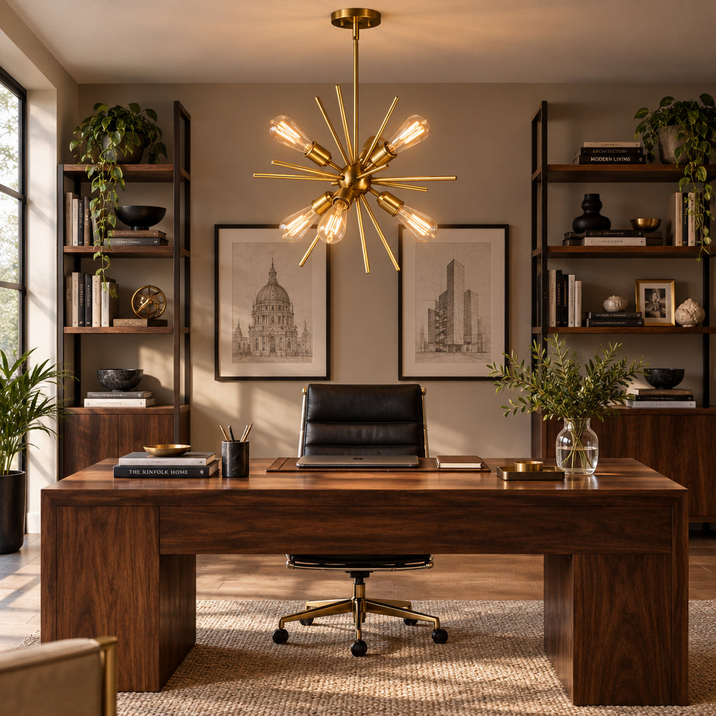 Close-up view of the Bruges 6 light brass Sputnik chandelier with radial decorative rods and exposed bulb holders.