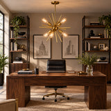 Close-up view of the Bruges 6 light brass Sputnik chandelier with radial decorative rods and exposed bulb holders.