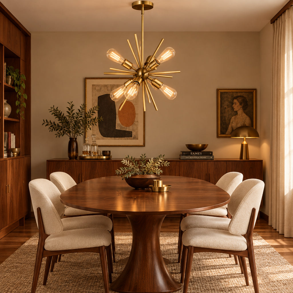 Bruges 6 light brass-tone Sputnik chandelier shown from the front with exposed bulbs and sculptural radiating rods.