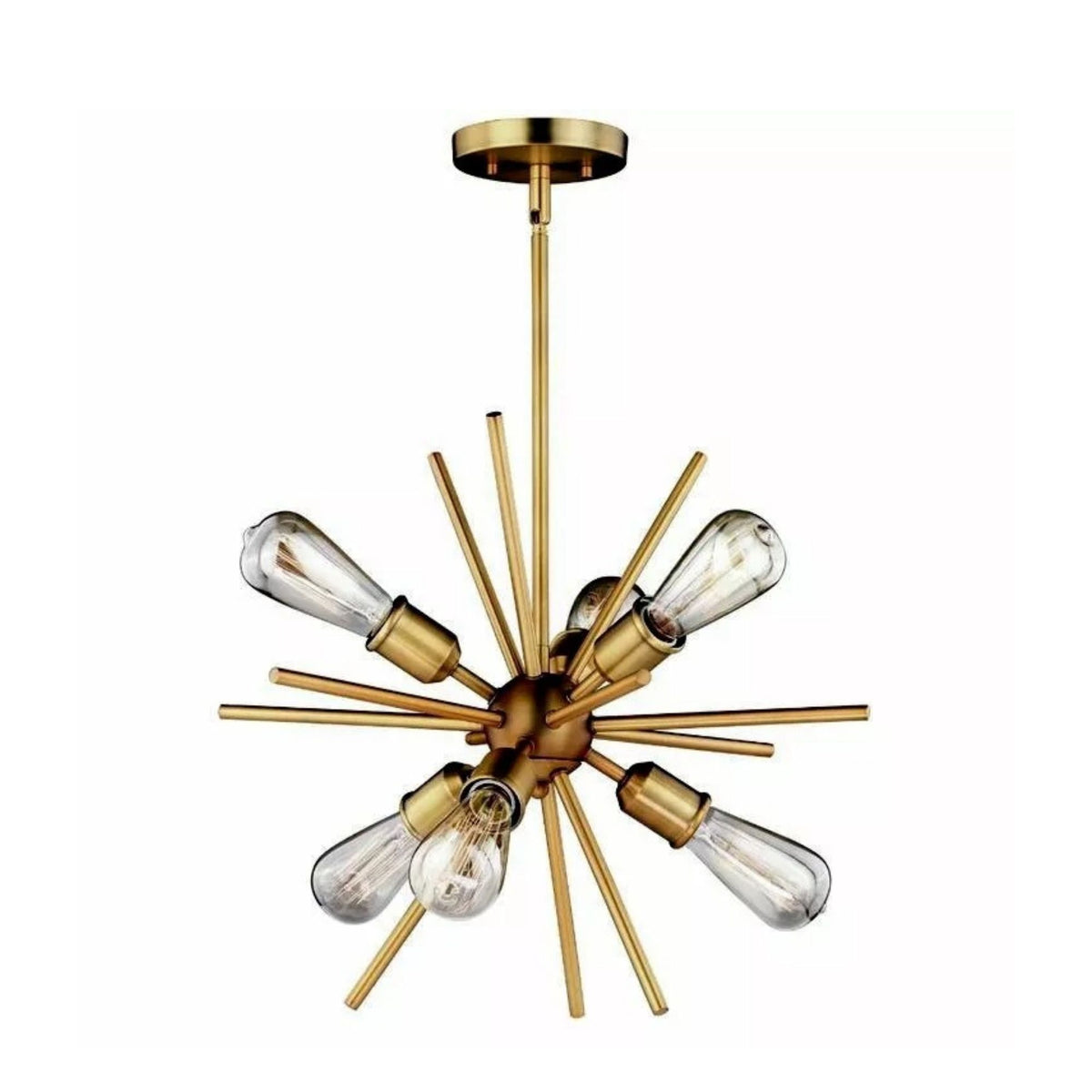 Bruges 6 light Mid-Century Modern Sputnik chandelier featuring a brass-tone starburst frame and exposed bulbs.