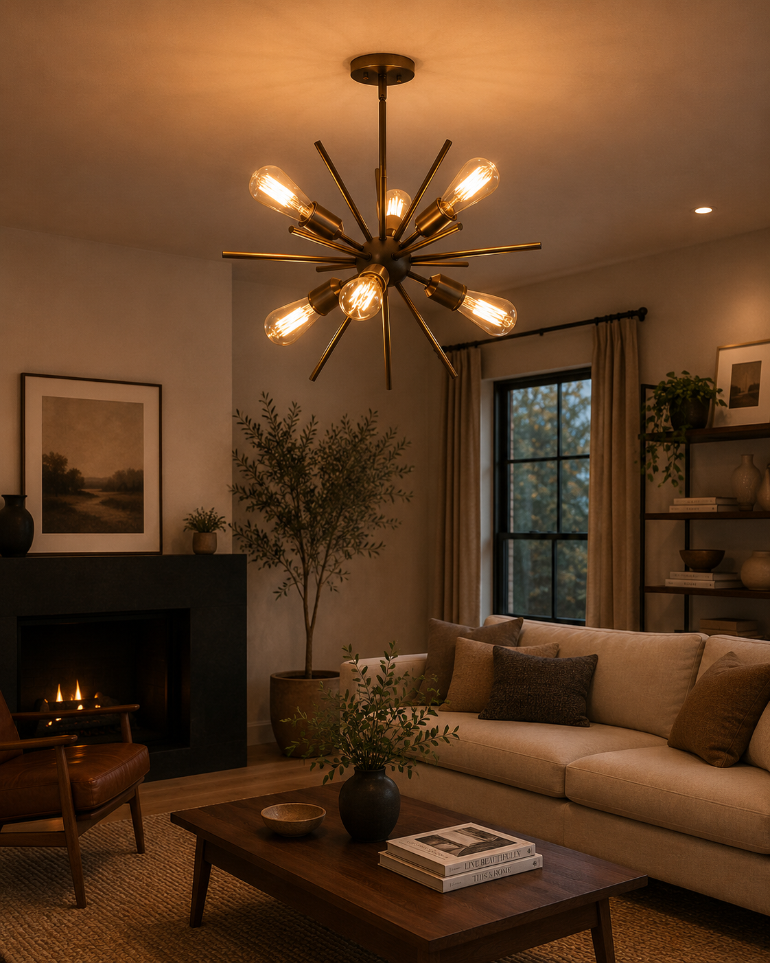 Bruges 6 light brass Sputnik chandelier displayed in a warm contemporary living room with Mid-Century Modern furniture.