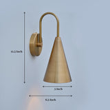Brass cone wall sconce with size dimensions labeled — 11.5 inch height, 5 inch diameter, 6.5 inch depth.