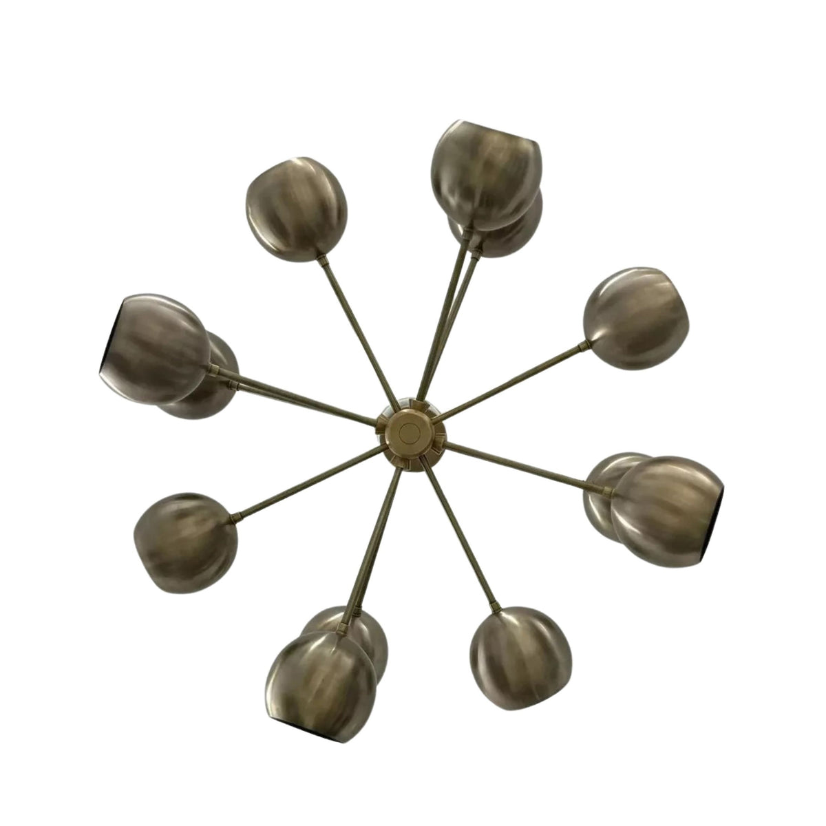 Brussels 12 light aged brass globe chandelier shown from below highlighting the radial arm arrangement and sculptural metal shades.