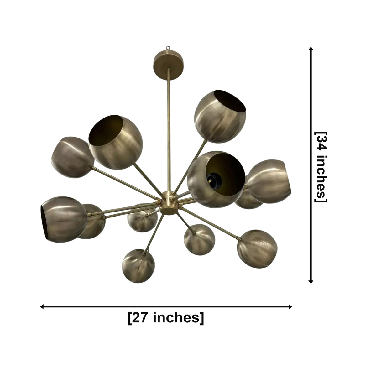 Brussels 12 light sculptural globe chandelier dimension view showing 27 inch width and 34 inch overall height.