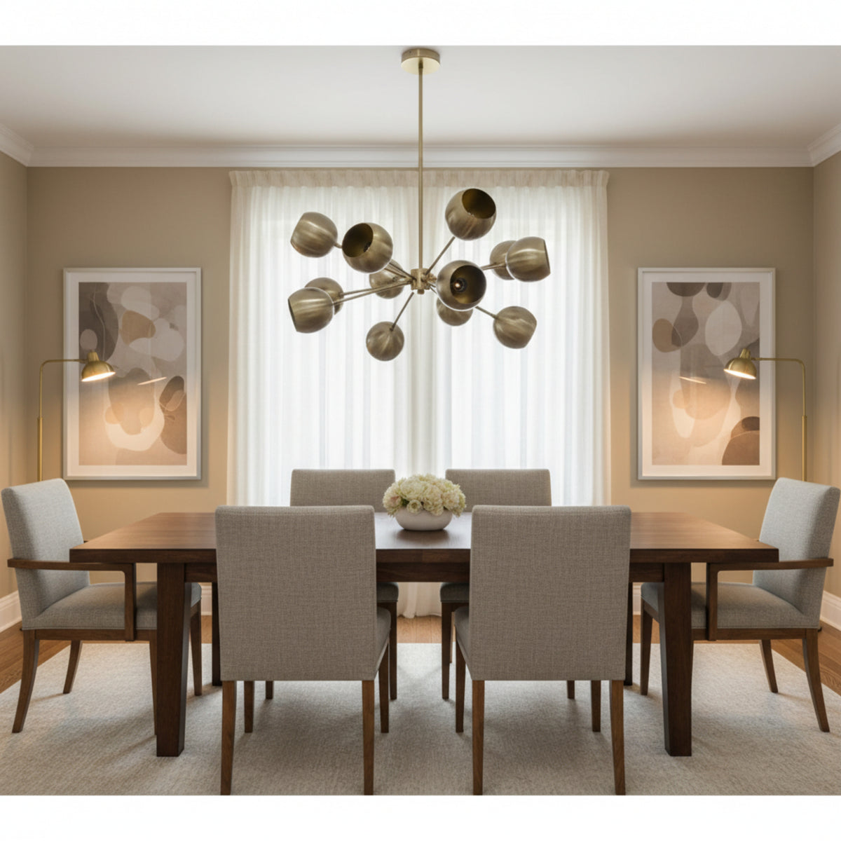 Brussels 12 light aged brass globe chandelier shown in a full product view with sculptural shades and fixed rod suspension.