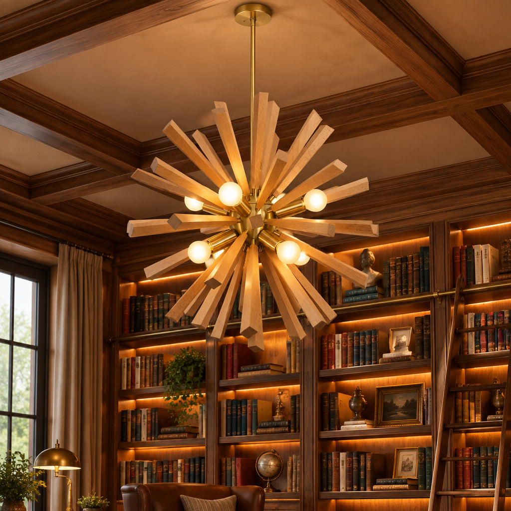 Brussels 8 light wooden starburst chandelier shown from an angled view with layered natural wood rods and illuminated globe bulbs.