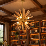 Brussels 8 light wooden starburst chandelier shown from an angled view with layered natural wood rods and illuminated globe bulbs.