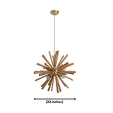 Brussels 8 light wooden starburst chandelier dimension view showing a 22 inch wide sculptural fixture.