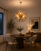 Brussels 8 light wooden starburst chandelier displayed above a round dining table in a warm contemporary dining room.